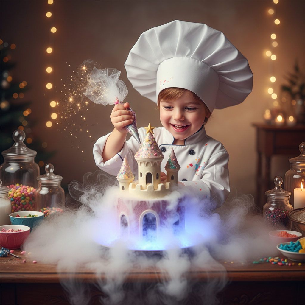 child wearing chef hat decorating a dessert with dry ice smoke effect, magical atmosphere, happy expression