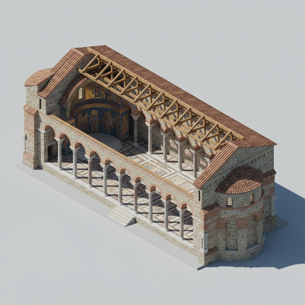 3D isometric cutaway view of a Byzantine Basilica, clear nave and aisles, timber roof, apse at the end, architectural visualization style