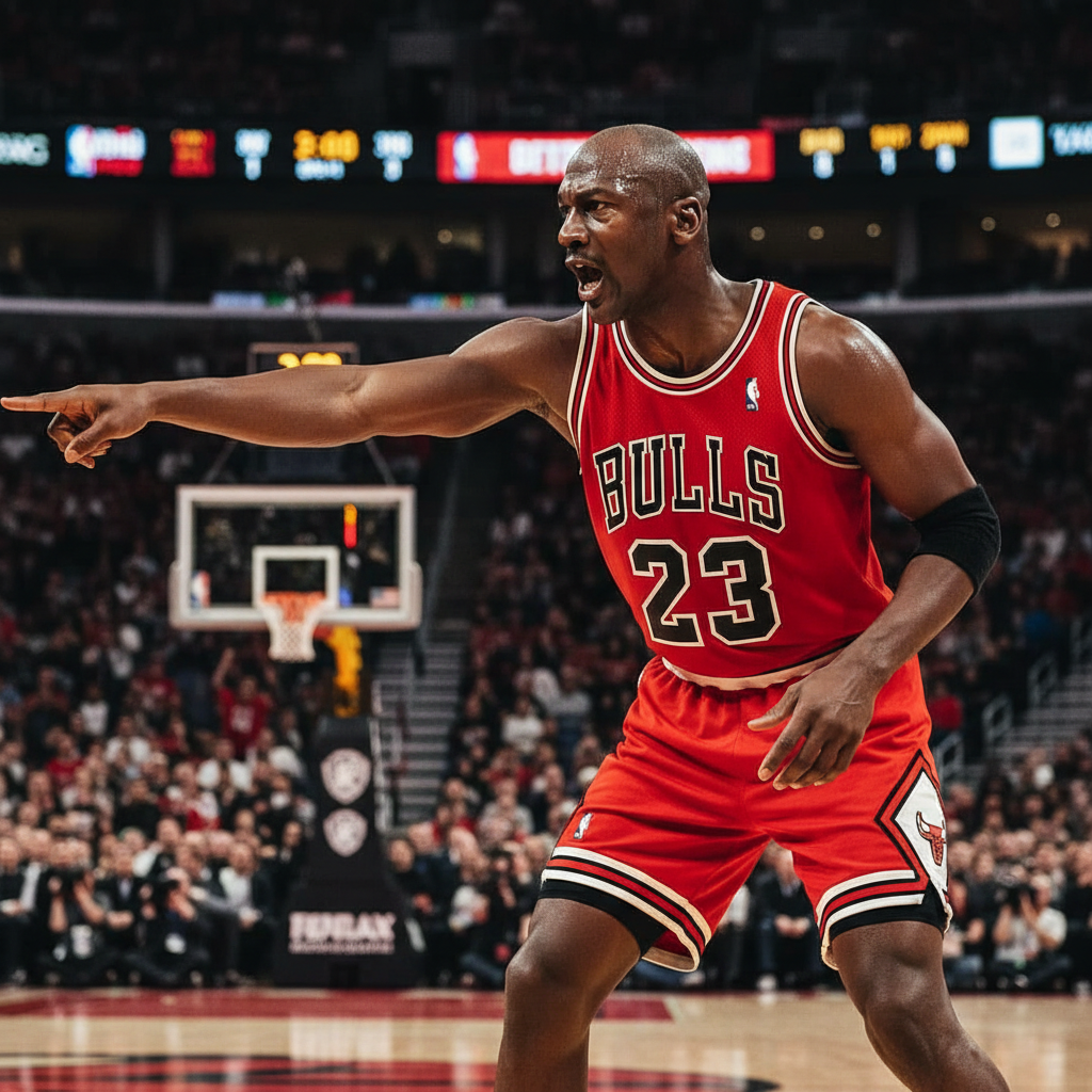 Michael Jordan demanding the ball late in a game, pointing finger