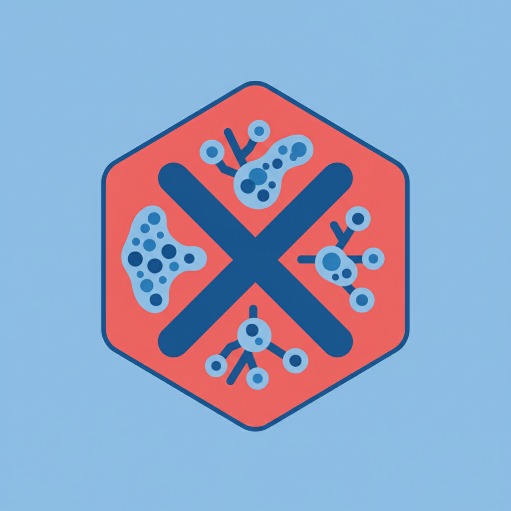 icon representing paused growth, stop sign metaphor with fungal cells, minimalist flat design blue