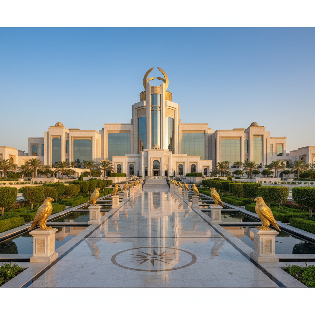 Cinematic shot of a formal garden path leading to a grand modern palace in Dubai, symbolism of power and perspective, symmetrical