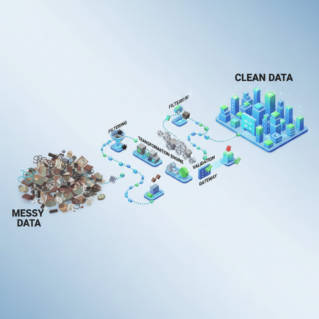 Isometric 3D map illustration showing a path from mess to clean data, clean vector art
