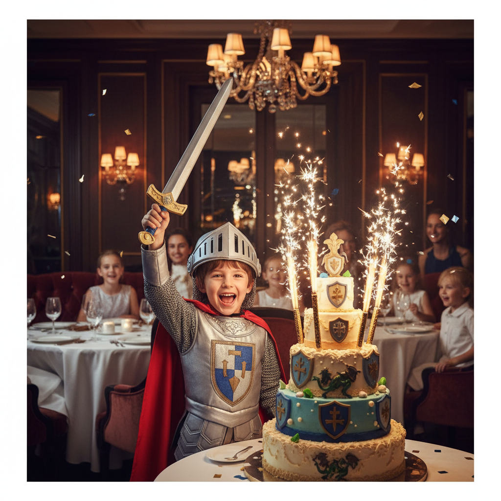 happy child at birthday party in fancy restaurant wearing a knight costume, holding a foam sword, birthday cake with sparklers