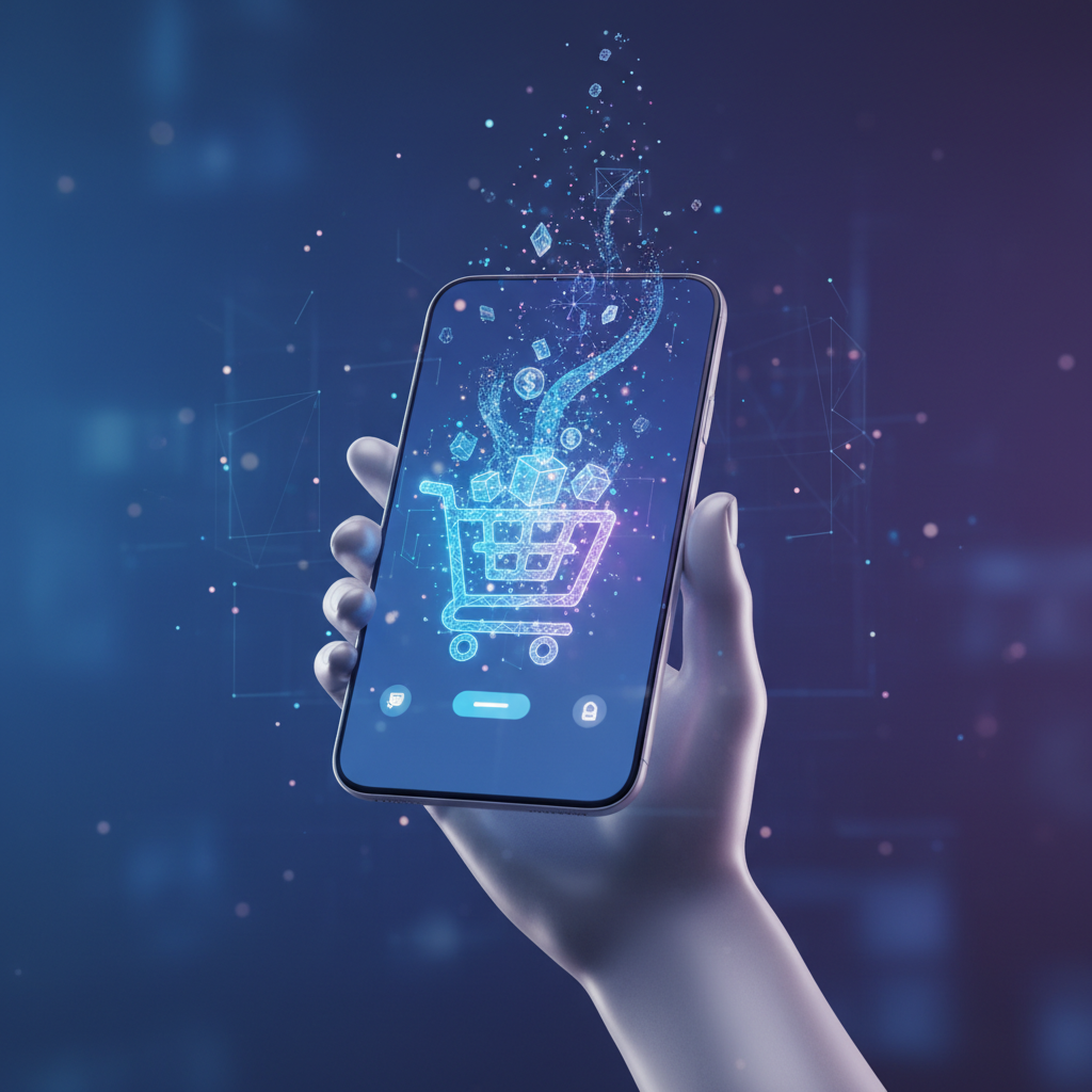 hand holding smartphone with shopping cart interface glowing, particles floating out, 3d render