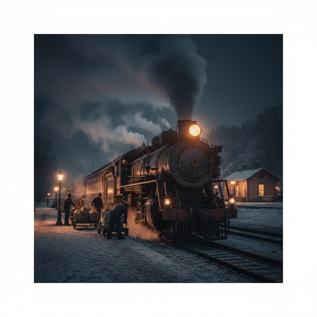 Old steam train stopped on tracks at night, mail bags being unloaded, silhouettes