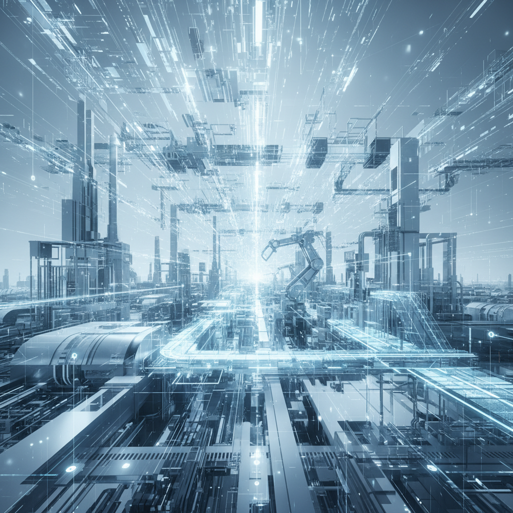 Abstract futuristic visualization of digital neural networks merging with industrial infrastructure, blue and white color palette, professional tech aesthetic, high resolution
