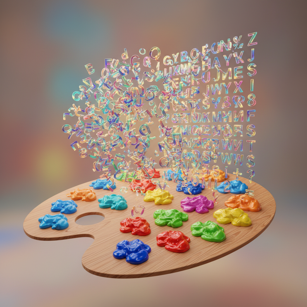 Artist palette with floating letters and symbols being organized into neat rows, colorful, creative concept of formatting, 3d render, no text