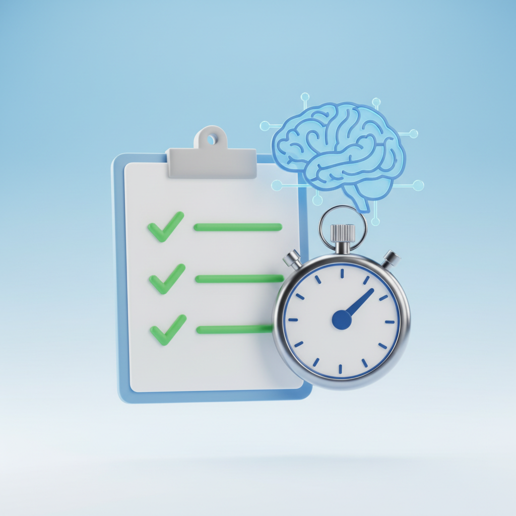 Visual representation of medical metrics: a clipboard with a checklist, a stopwatch for gait speed, and a brain icon for cognition, clean minimalistic 3D render