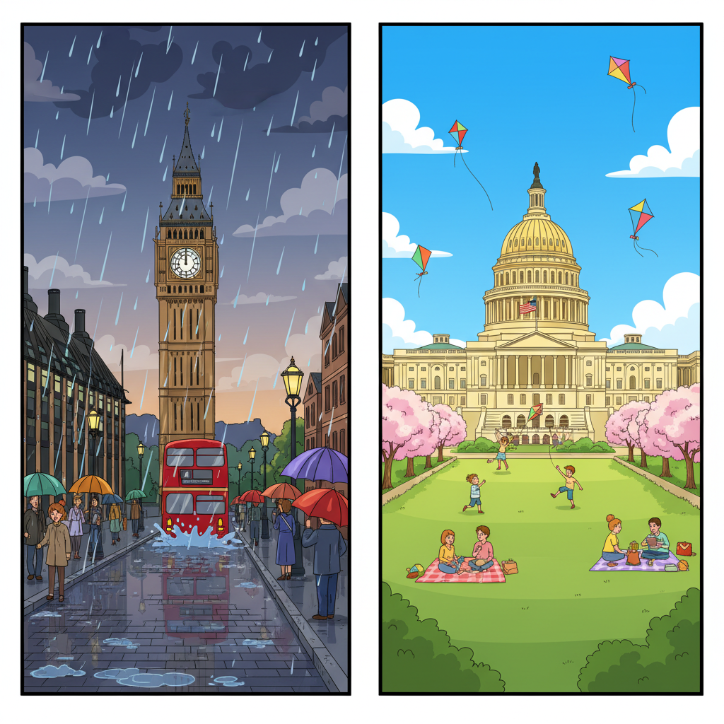 Split screen composition, left side distinct rainy London street with Big Ben, right side sunny Washington DC lawn with Capitol building, bright cartoon style, no text.