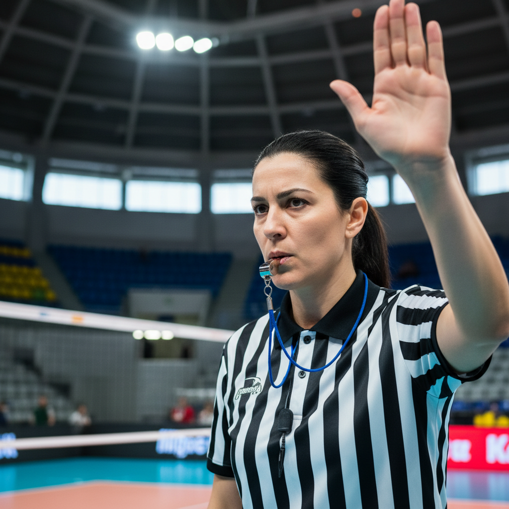 close up of a volleyball referee blowing a whistle, focus on determination and professionalism, stadium background