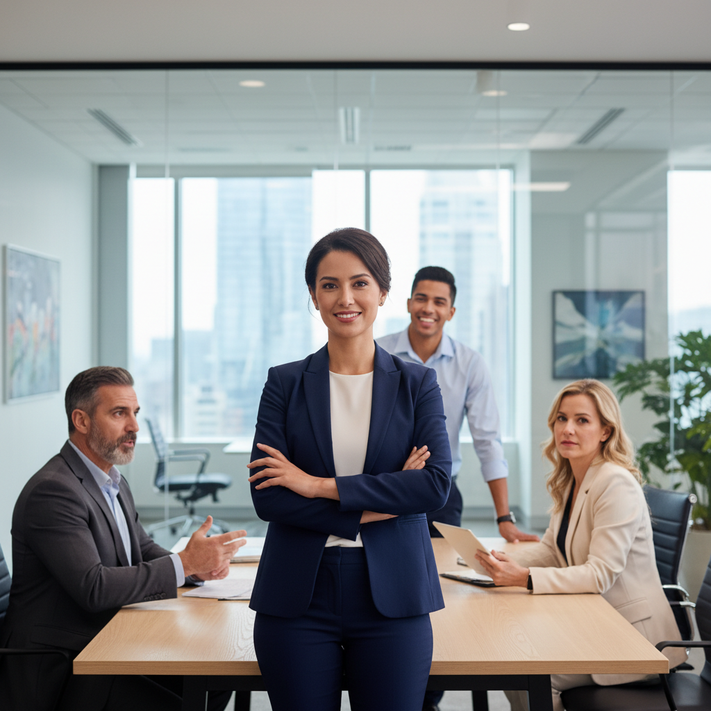 Professional corporate setting, confident business leadership concept, bright and airy office background.