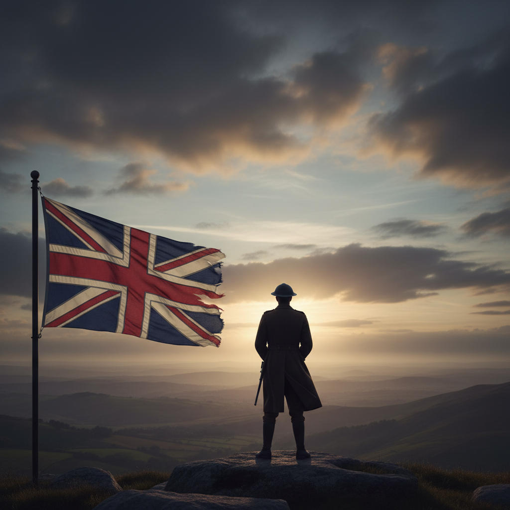 Silhouette of a 1940s British soldier looking at the horizon, Union Jack flag blowing in wind, muted colors