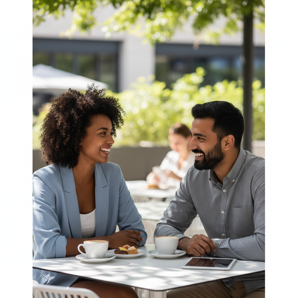Two diverse young professionals smiling and chatting at a modern outdoor coffee table, sunny day, depth of field, high quality photography, visualizing genuine connection