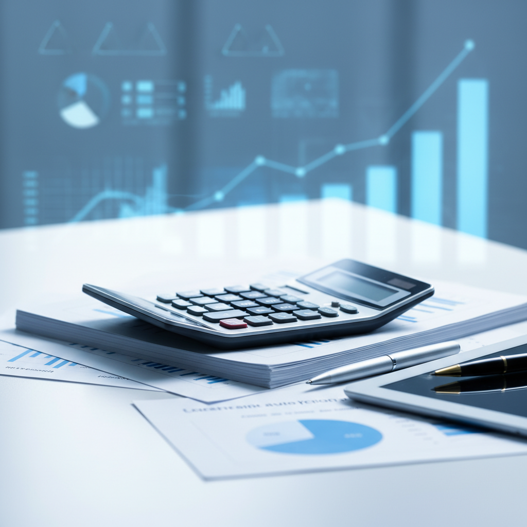 Business finance concept, calculator and documents on a desk, blurred charts in background, blue and white office setting