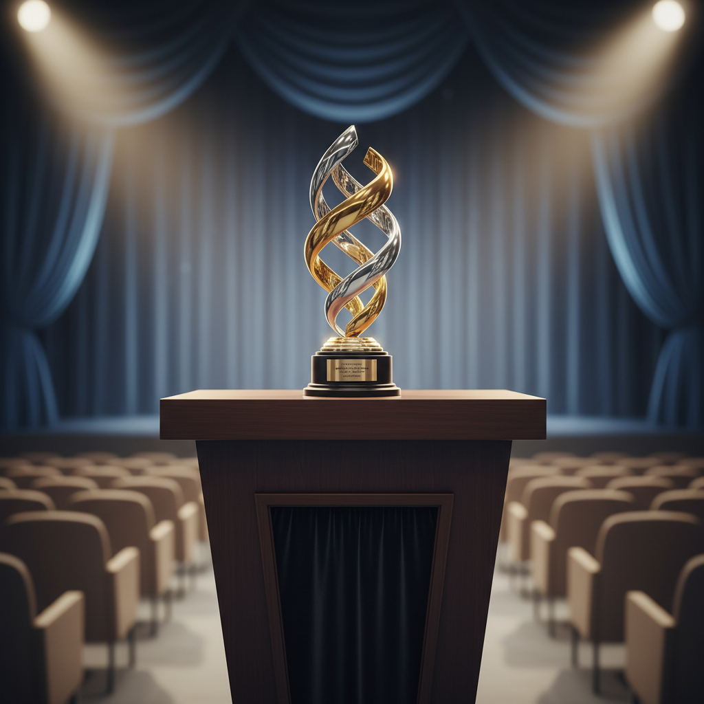 professional award ceremony trophy on a podium with soft lighting