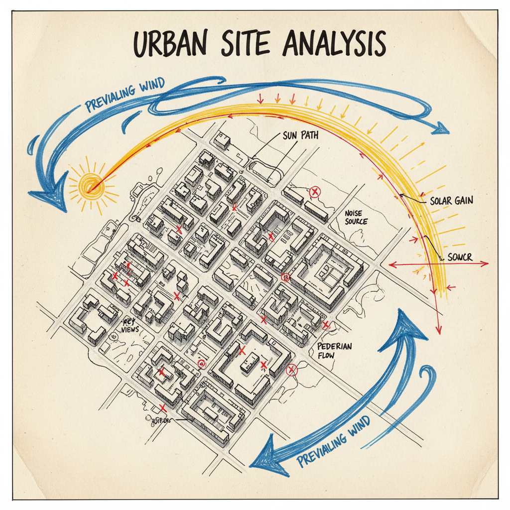 hand drawn site analysis map with arrows showing wind and sun path on an urban plan, markers and ink style