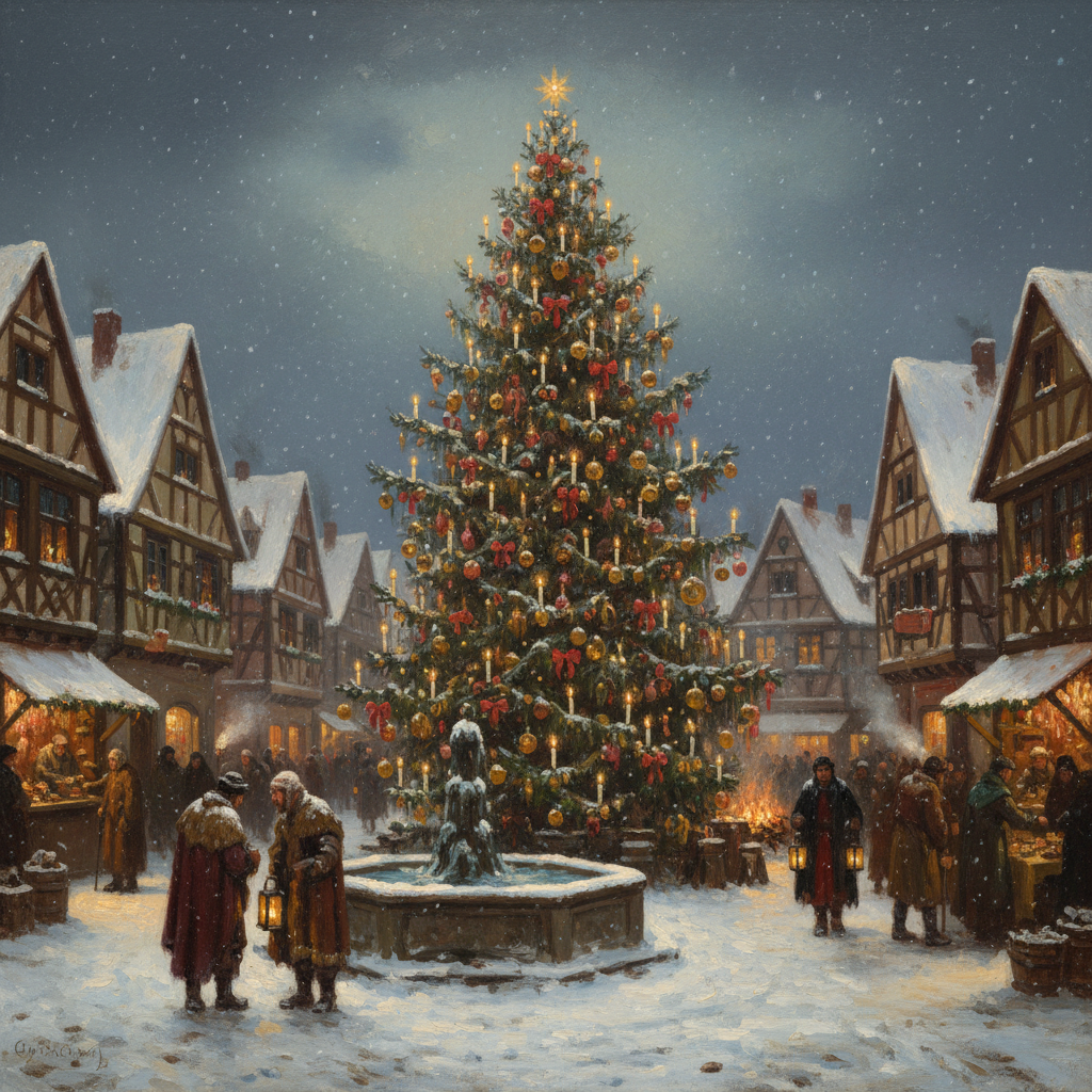 Medieval German town square in winter with a large decorated christmas tree, candle lights, snow, oil painting style
