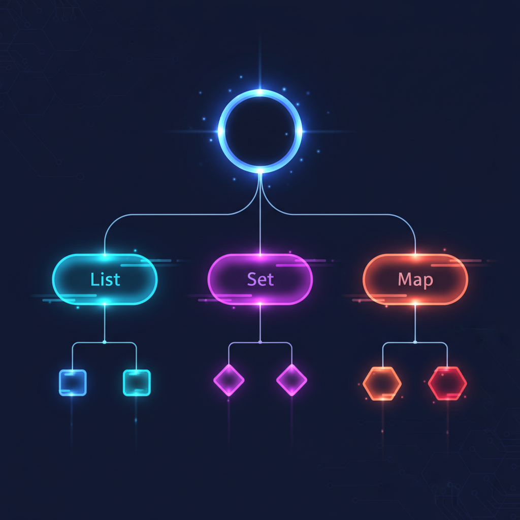 A schematic visualization of a hierarchy tree structure representing Java collections, glowing nodes connecting List, Set, and Map, abstract tech style.