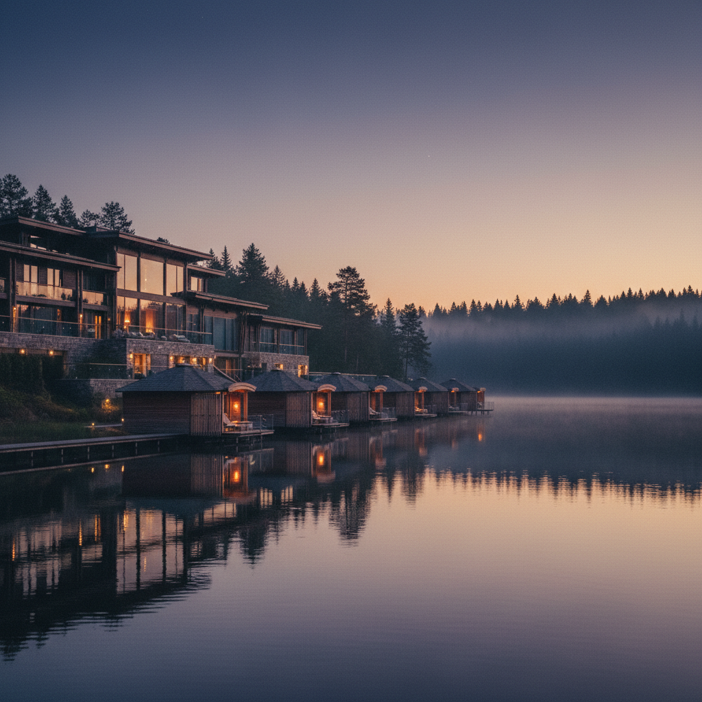 Cinematic wide shot of a luxury lakeside hotel with wooden private pods, twilight atmosphere, warm lights reflecting on water, misty forest background, photorealistic 8k, faded elegant style