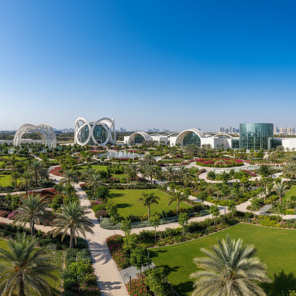 A scenic view of the Quranic Park in Dubai, featuring Islamic gardens, modern architecture, clear blue sky, green landscaping, high resolution photo