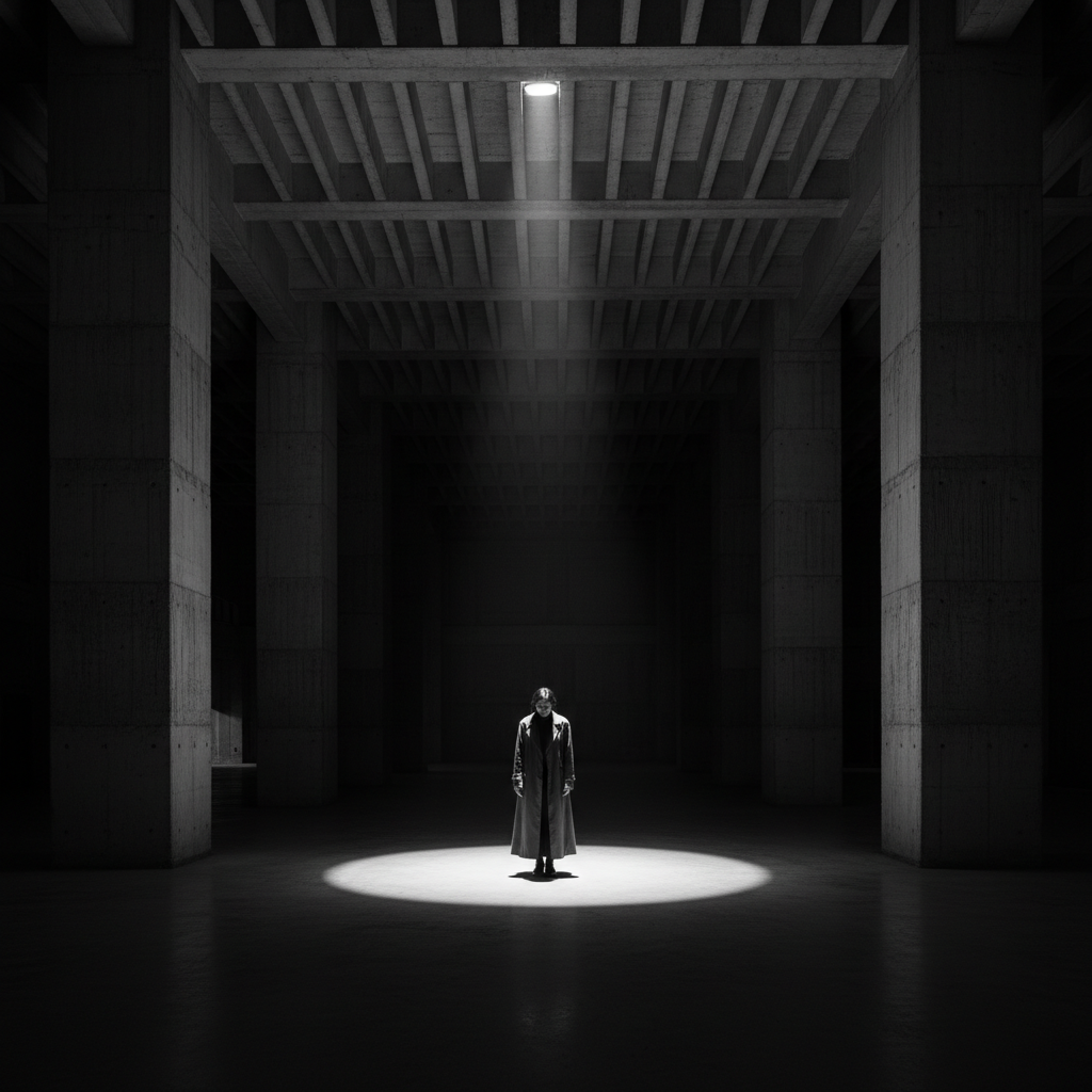 Solitary figure standing in a massive, empty concrete hall with a single spotlight, brutalist architecture, melancholic but stylish, high contrast black and white