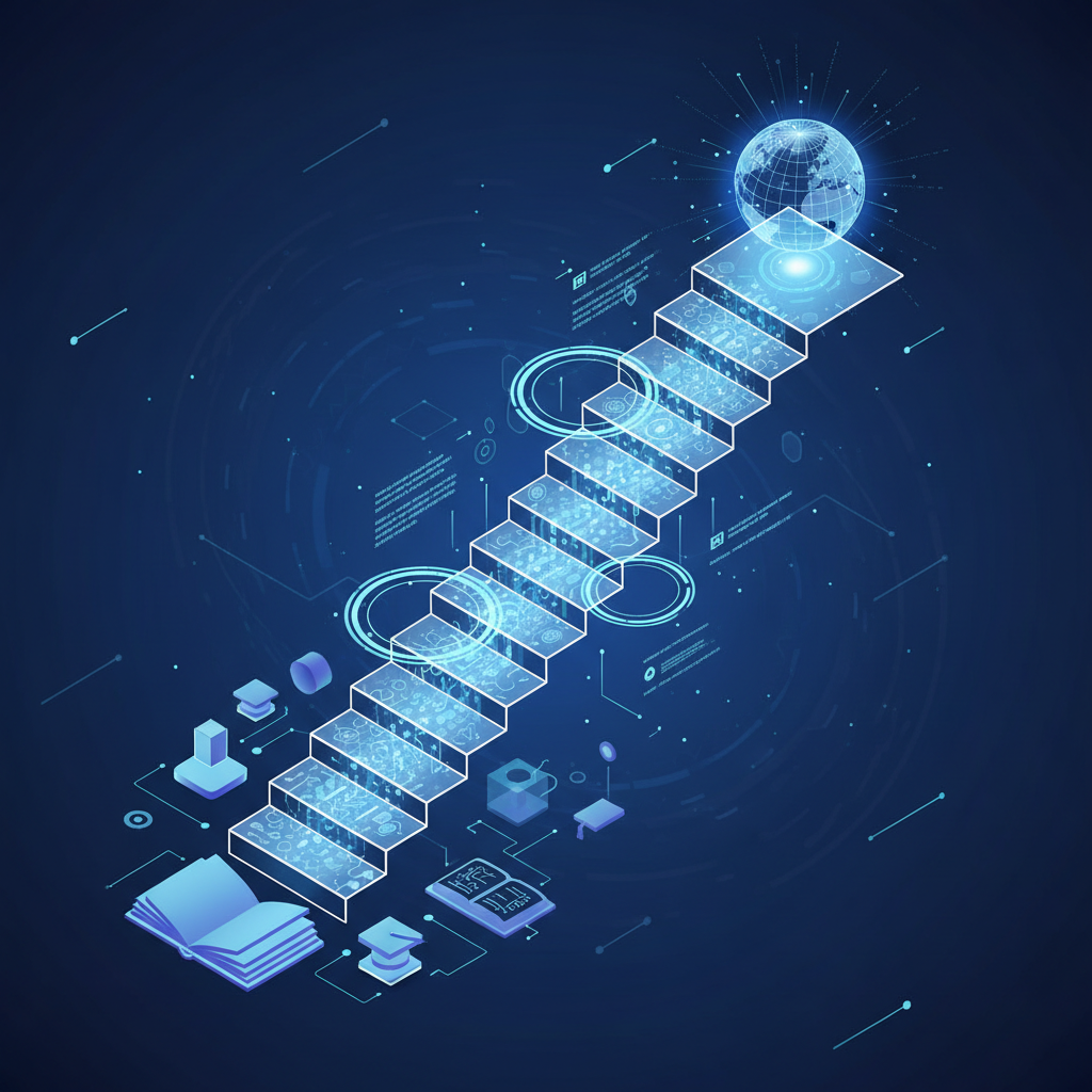 ladder of success concept, digital glowing stairs going up, futuristic education style, clean render, 3d isometric style, blue background