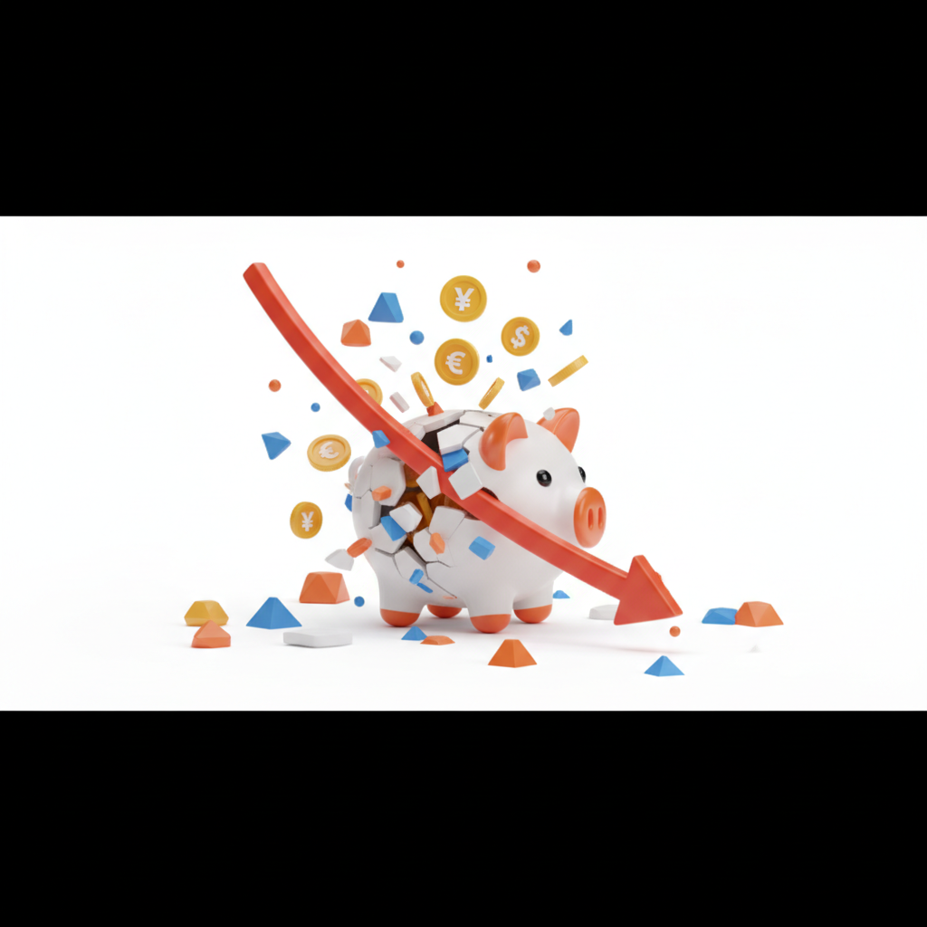 3D illustration of a red graph line going down representing inflation impact, breaking a piggy bank, white background, orange and blue details