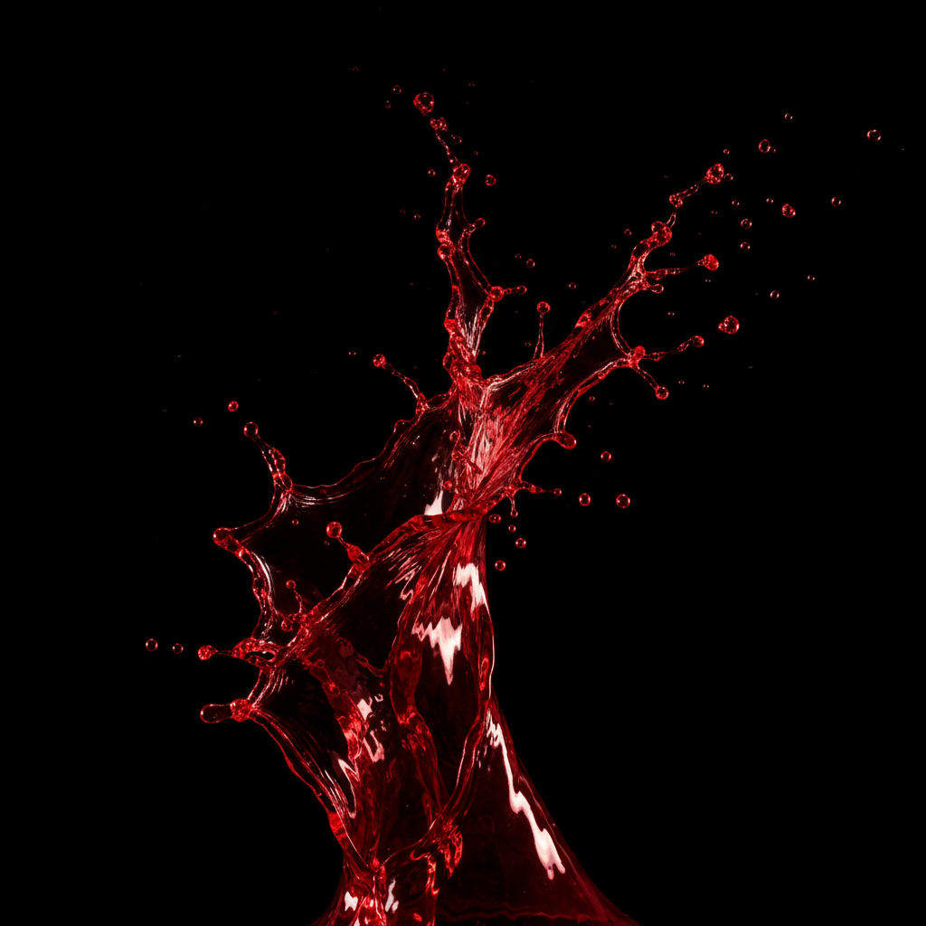 Abstract cinematic photography of a red liquid splash meeting a dark background, high contrast, dramatic lighting, minimalist style