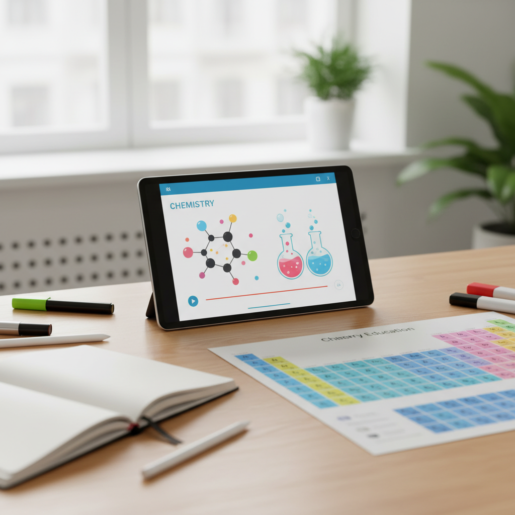 tablet showing a chemistry video lesson, on a clean desk with a notebook and periodic table, education technology concept