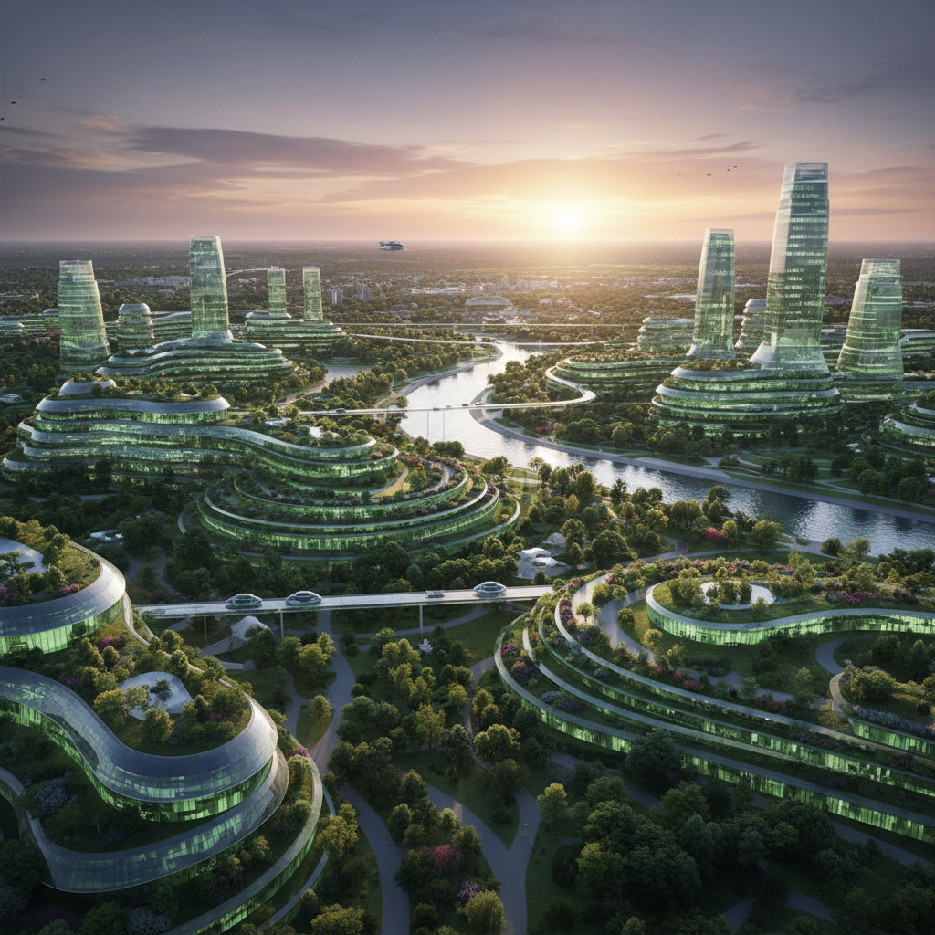 Futuristic green city concept for Shymkent urban planning, clean parks and modern buildings, sunset