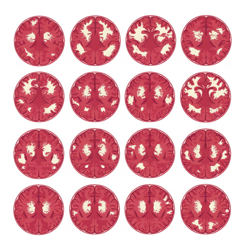 Illustration of TTC stained mouse brain slices showing pale infarct areas vs red healthy tissue