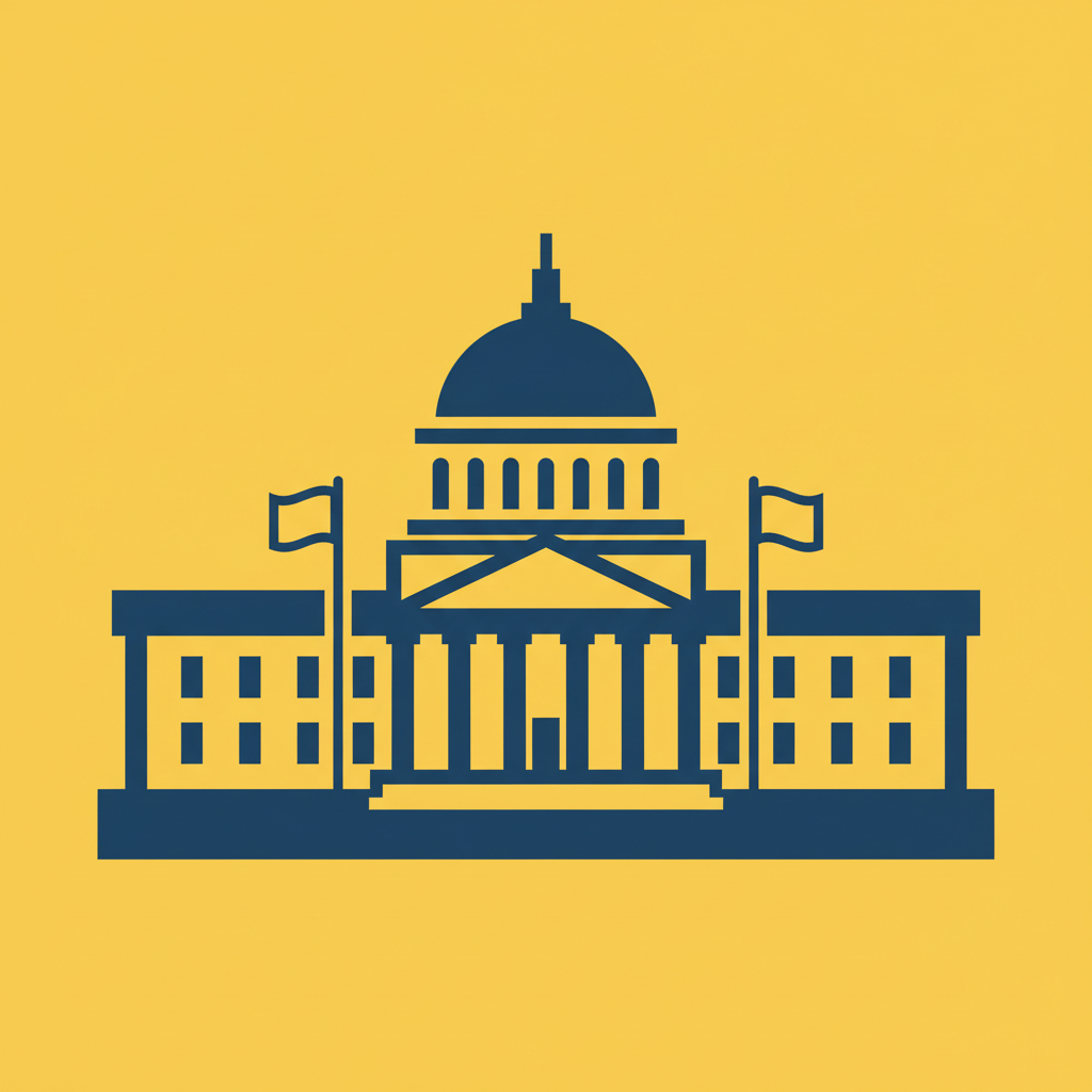 Minimalist vector illustration of a parliament building or congress, flat style, yellow and dark blue colors