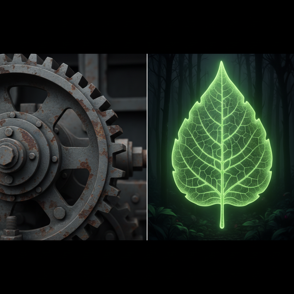 Split screen comparison: Left side shows a rusty grey heavy mechanical metal gear, Right side shows a glowing intricate neon green leaf structure with veins, dark background, conceptual contrast between industrial and biological engineering