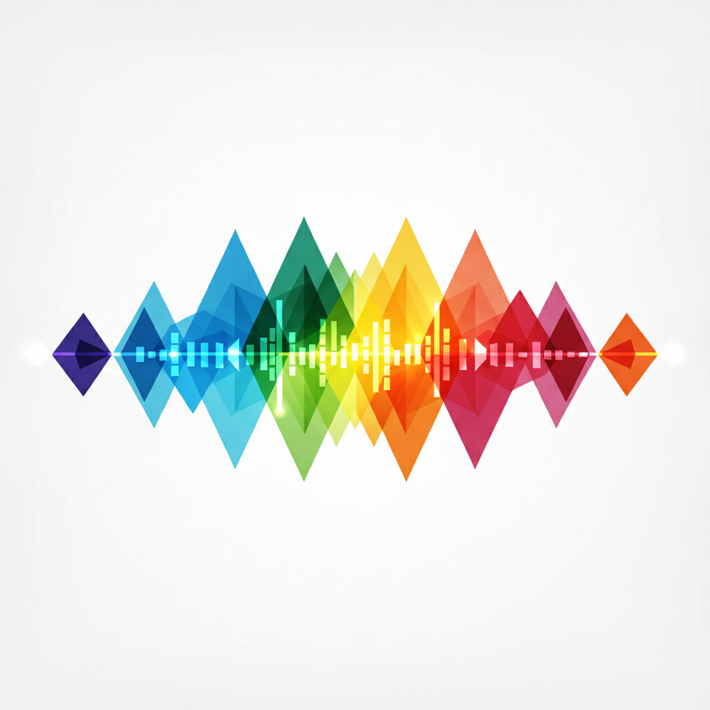 Abstract geometric representation of sound waves and digital frequency, colorful and clean, white background