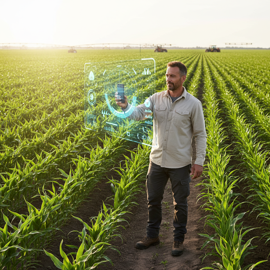 Cinematic shot of a modern farmer holding a smartphone in a lush green agricultural field, bright sunlight, technological overlay graphics, 4k, photorealistic