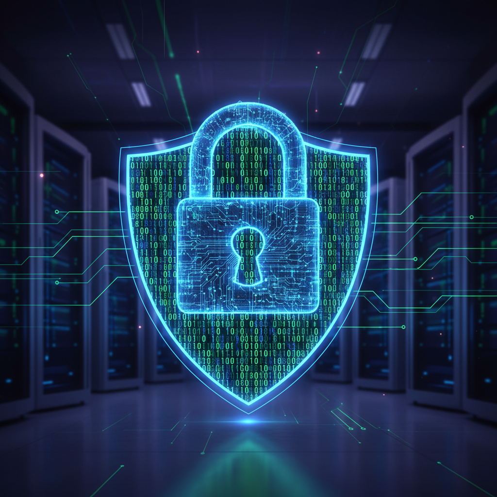 cybersecurity concept, digital padlock interacting with binary code shield, glowing blue, secure server environment