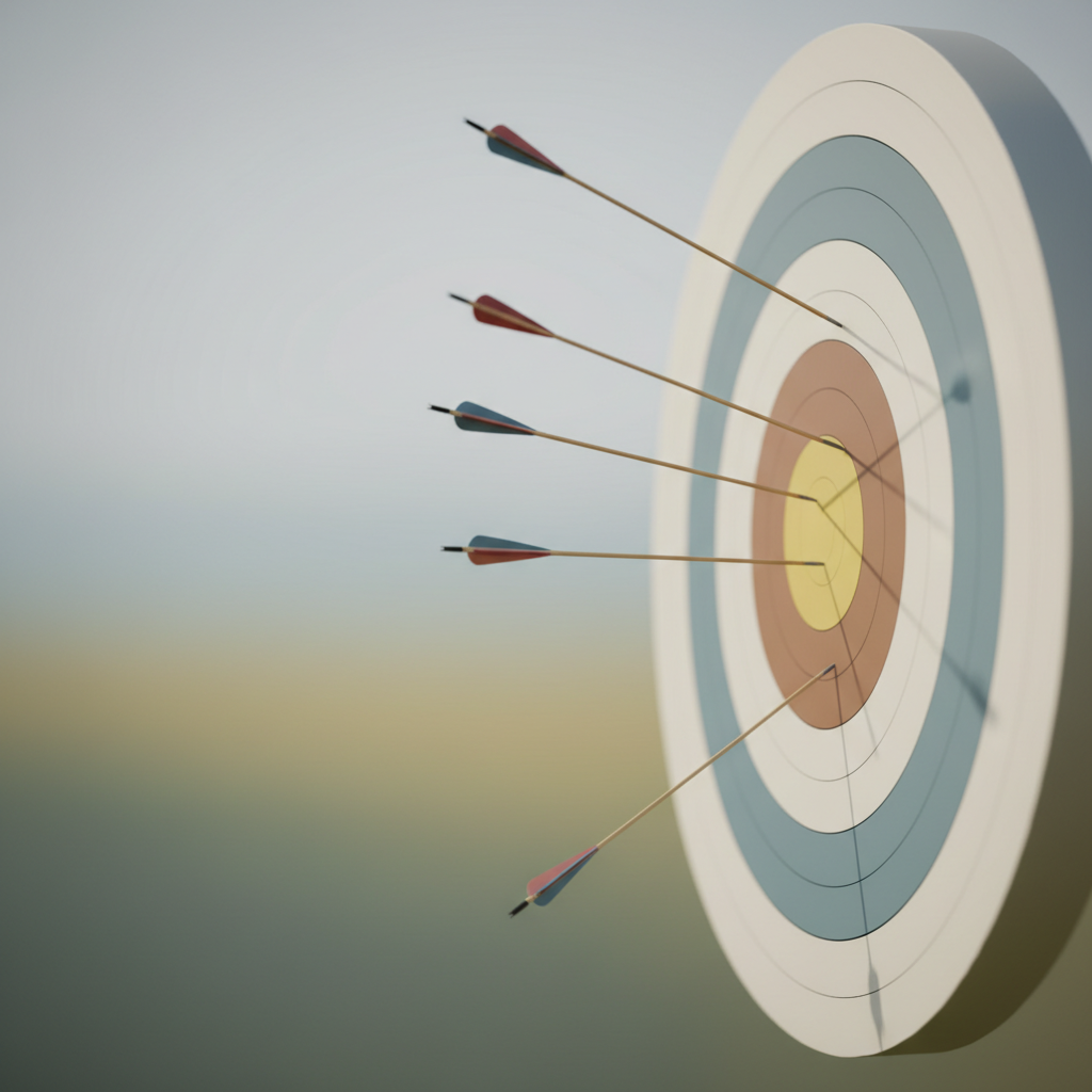 An archery target with arrows missing the center, minimalist conceptual art, symbol of missed goals, soft focus