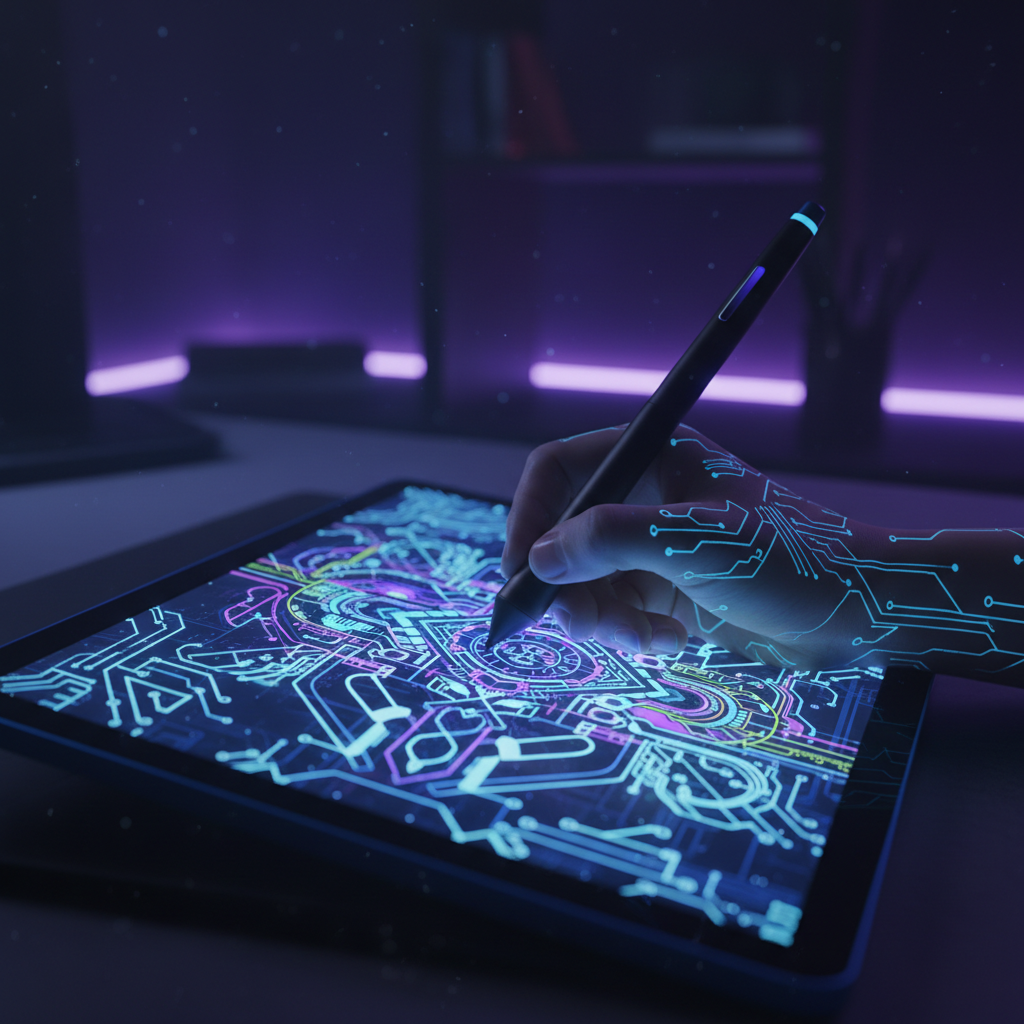 close up of a digital drawing tablet stylus drawing a complex tattoo design, glowing screen interface, dark studio lighting, cyber aesthetic