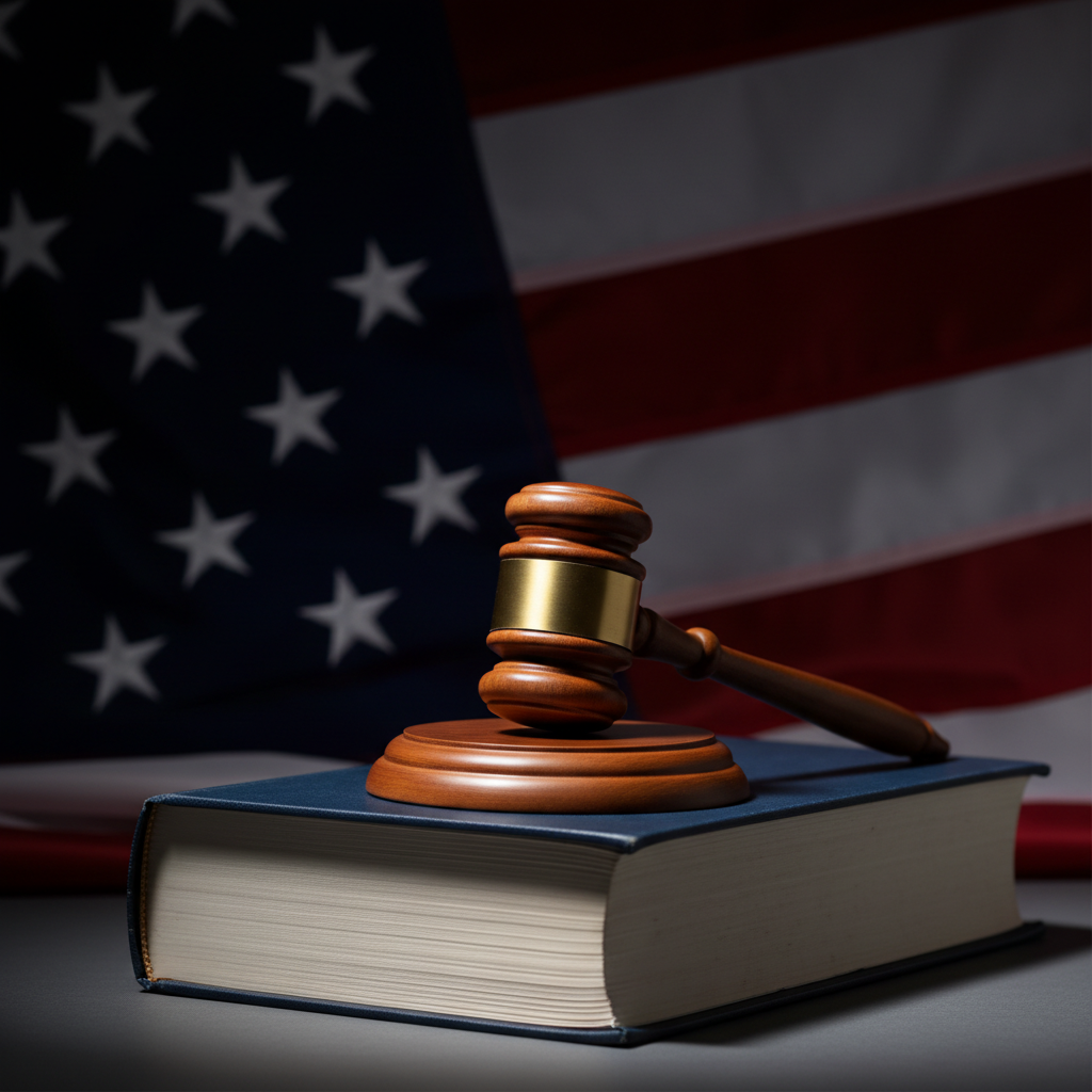 Gavel resting on a 'RICO ACT' law book, american flag in background, serious lighting