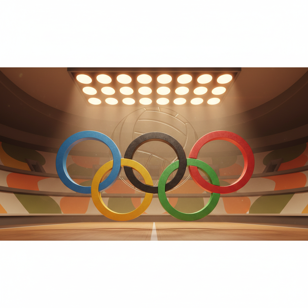Olympic volleyball rings symbol, stadium lights, 1960s style retro sport atmosphere, minimalistic