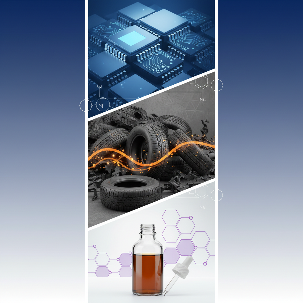 industrial chemistry collage: microchips (silicon), rubber tires (sulfur), and medical iodine bottle, high quality, educational infographic style