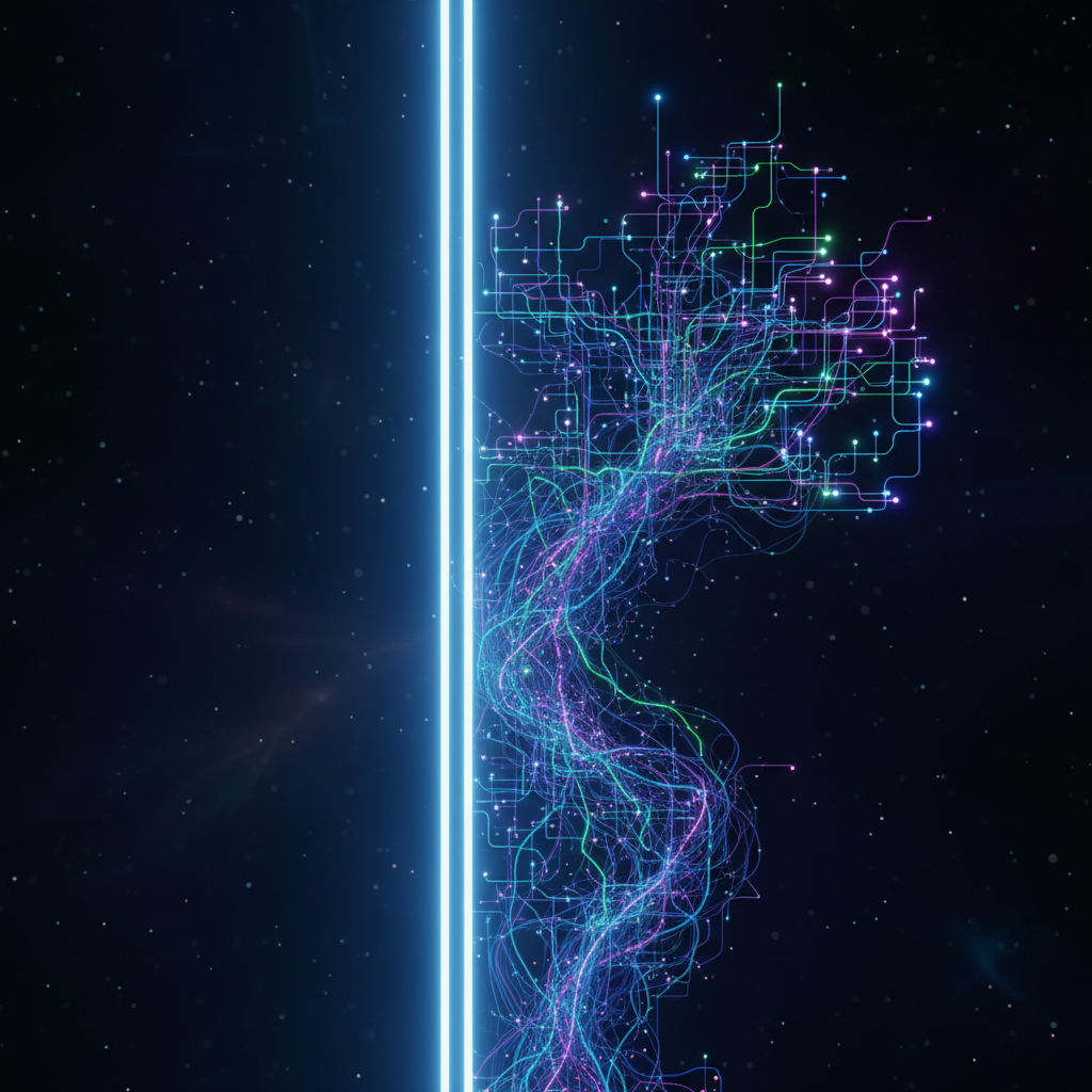 Abstract 3D illustration comparing a straight rail line representing linear time versus a complex branching network of glowing nodes representing interactive choices, dark background, technological style