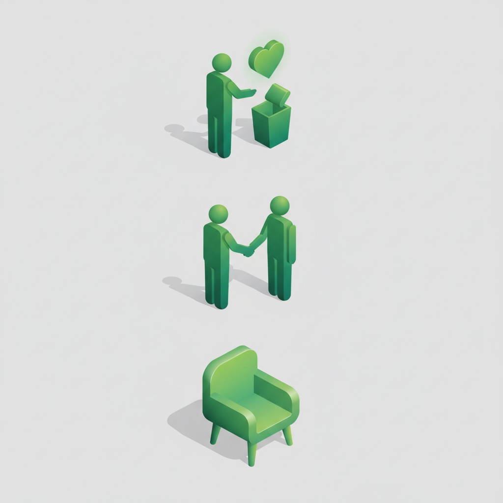 3D isometric icon set showing three scenarios: one person donating, two people shaking hands, and an empty chair, green color palette, clean background