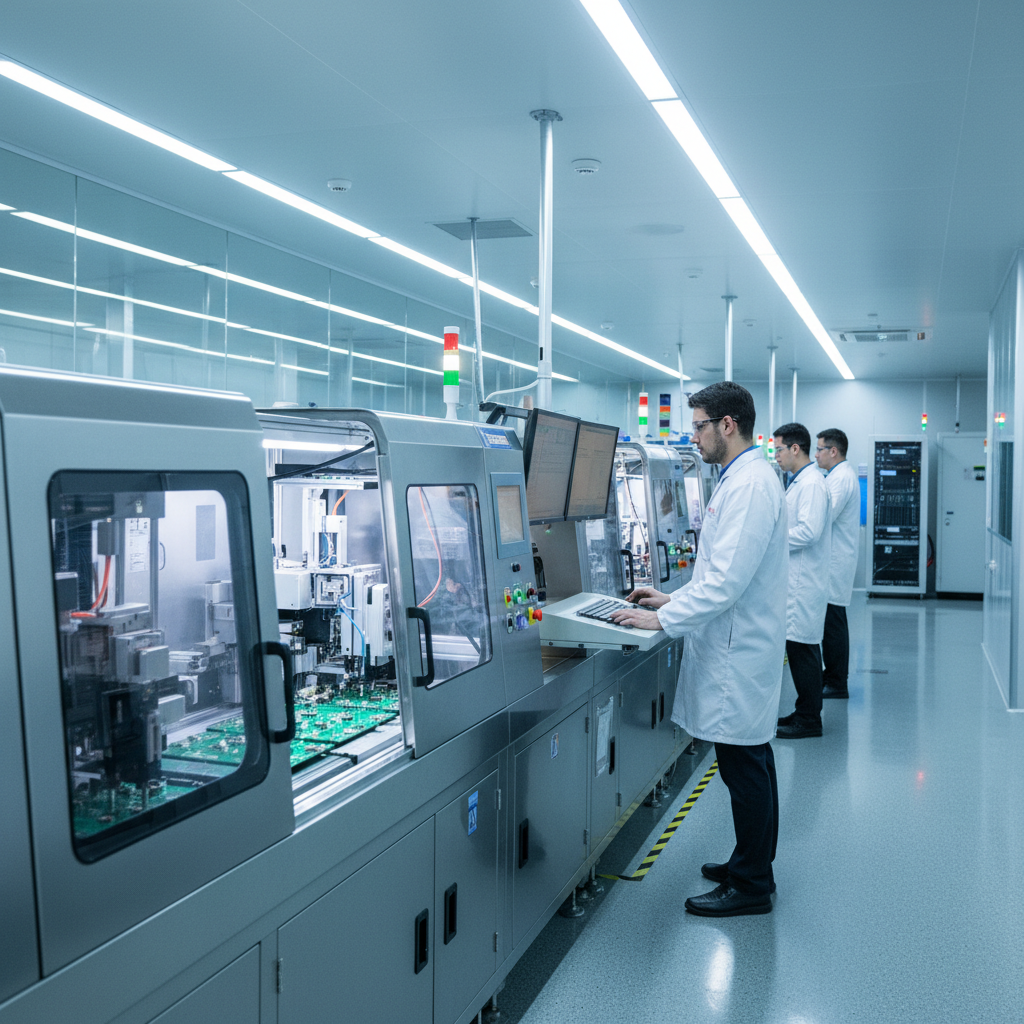 clean modern electronics manufacturing facility with automated SMT machines and engineers in lab coats monitoring screens, bright professional lighting