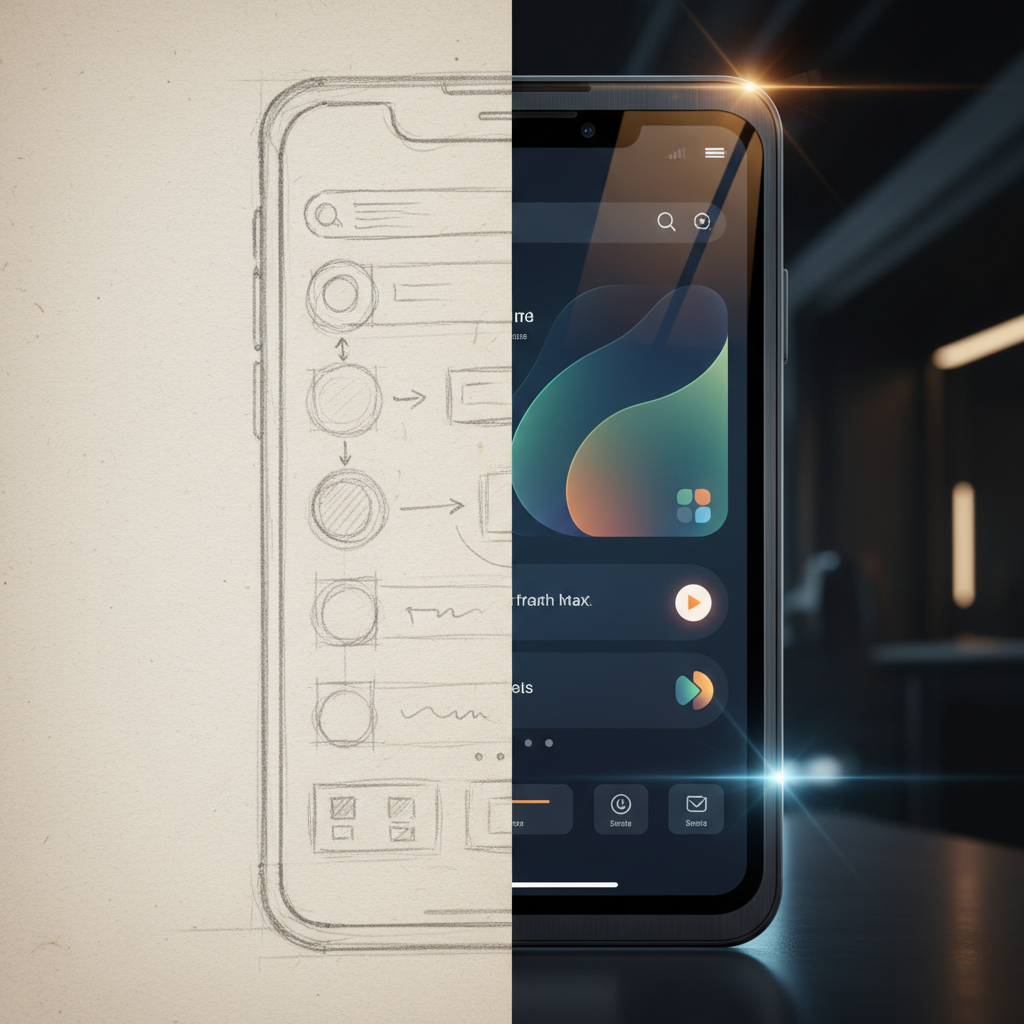 Split composition showing a rough pencil sketch of a mobile app interface on the left and a photorealistic polished shiny screen interface on the right, cinematic lighting