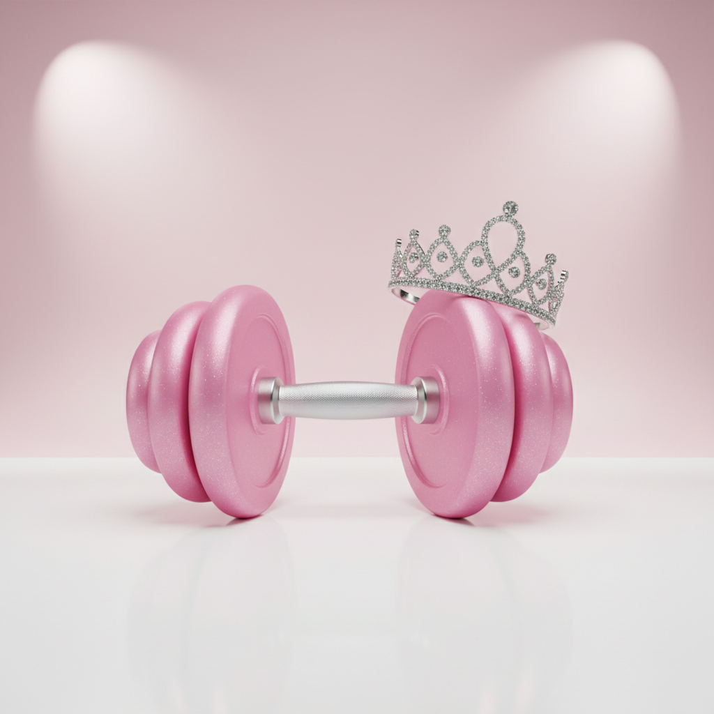 A heavy metal dumbbell painted pink wearing a sparkling silver princess tiara or crown, 3D render style, clean studio background, pink and white aesthetic, fun and strong concept