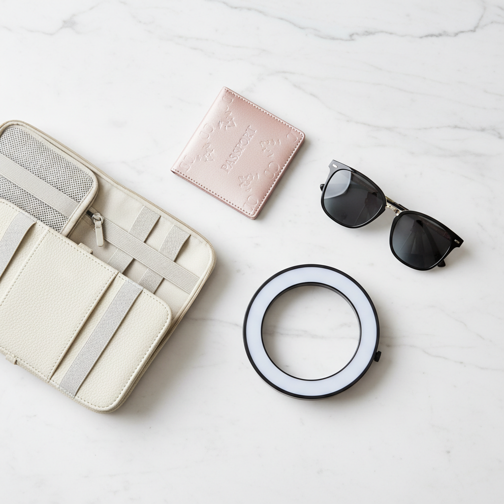 High-end fashion editorial flatlay. Minimalist white marble background. Sleek pink passport, luxury designer sunglasses, sophisticated ring light, chic travel organizer. Bright aesthetic, Vogue magazine style photography, sharp focus, evenly lit.