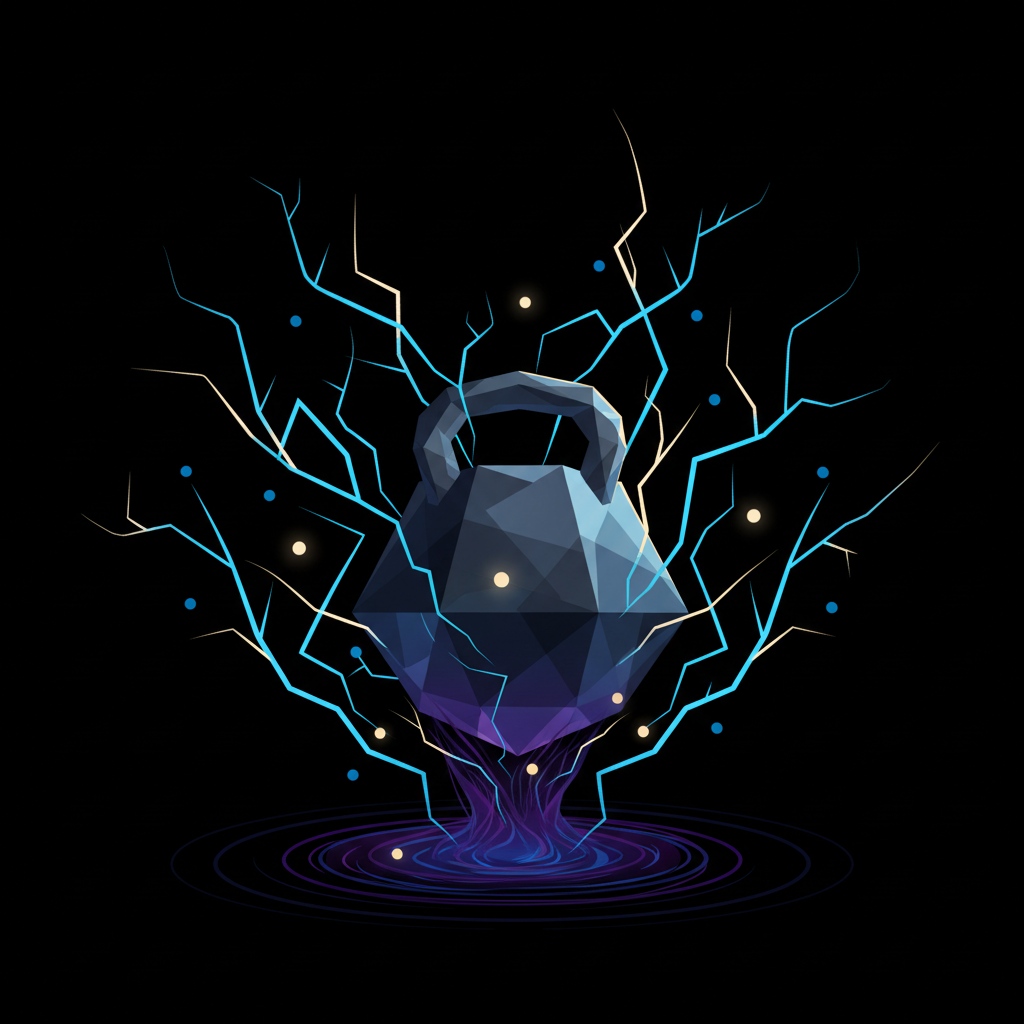 Abstract representation of gravity and energy, illustration of a heavy weight suspended in the air with electric sparks, clean vector style on dark background