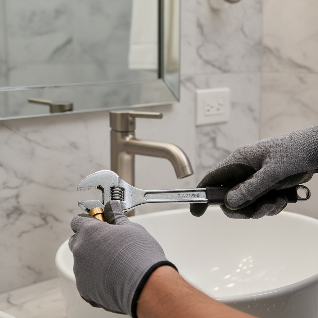 Professional craftsman installing a high-end bathroom fixture, focus on hands and tool quality, blurred background, authentic