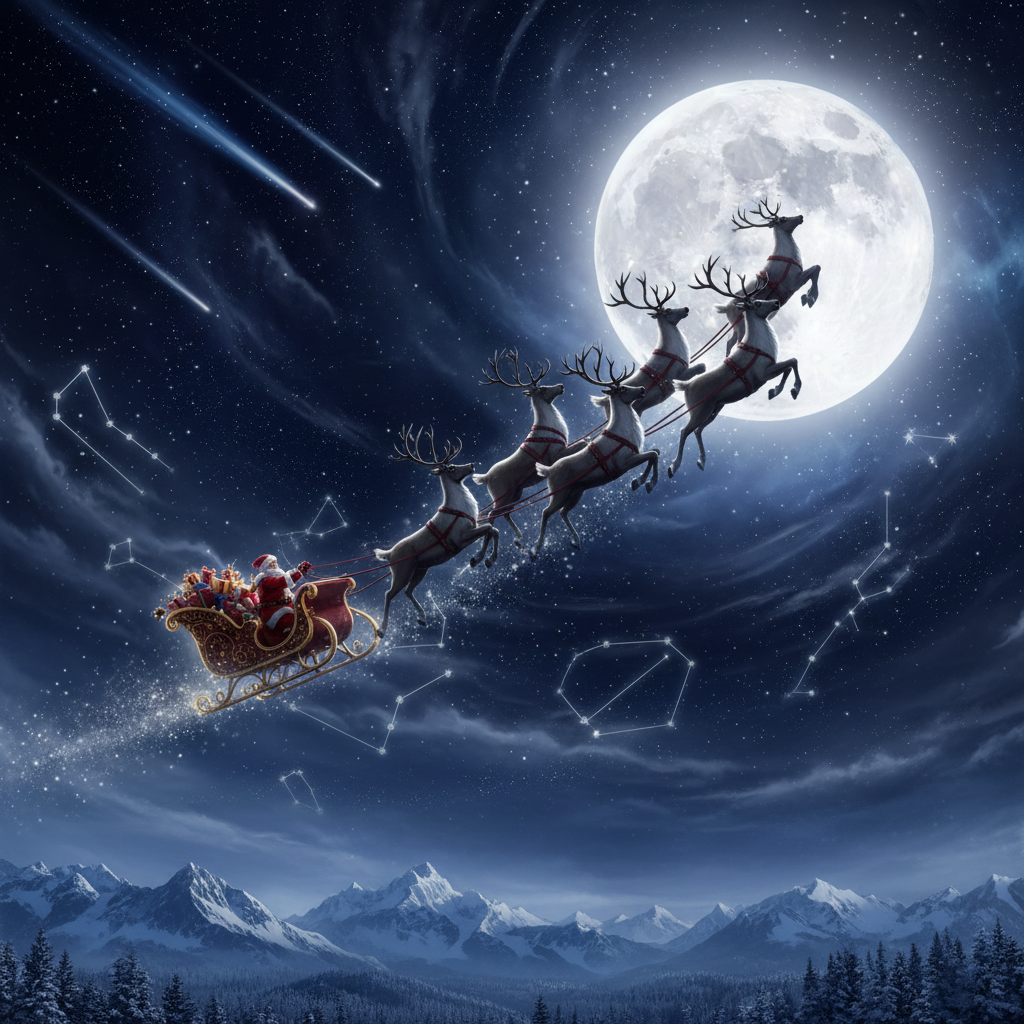 Digital art of nine reindeer pulling a sleigh into a starry night sky with a full moon